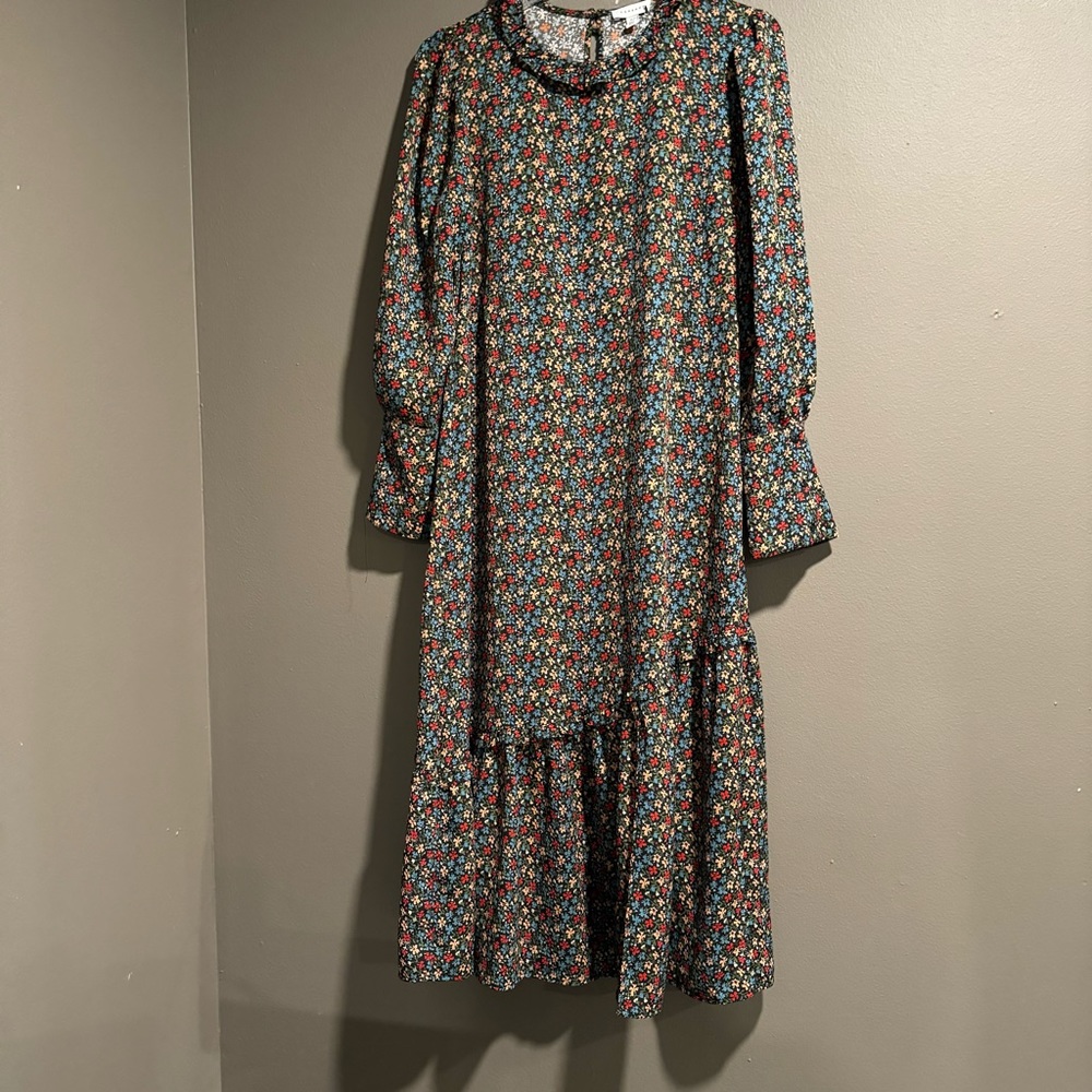 Topshop Puff Sleeves Ruffle Hem Floral MIDI Dress Size US 12